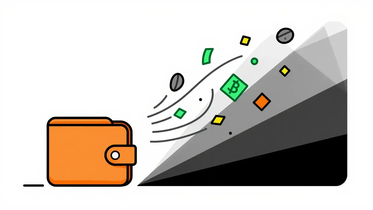 Digital wallet losing tokens to a dark void, symbolizing a rug pull