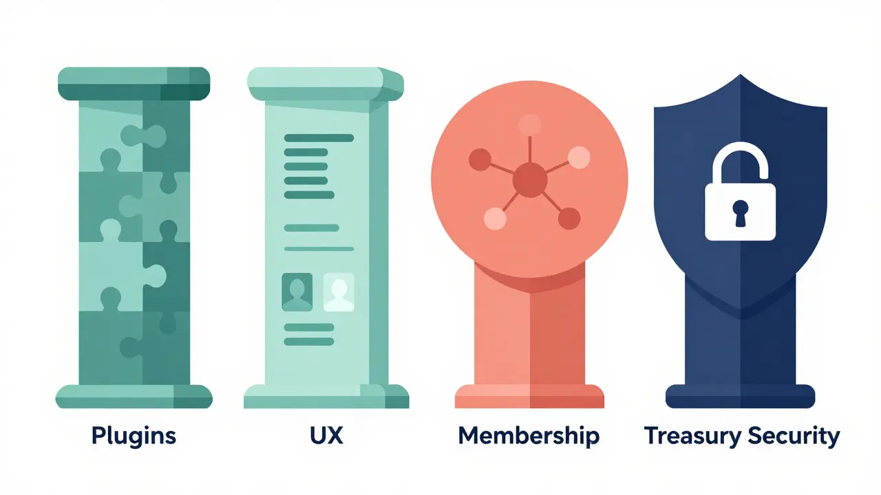 Four minimalist pillars representing different DAO governance types