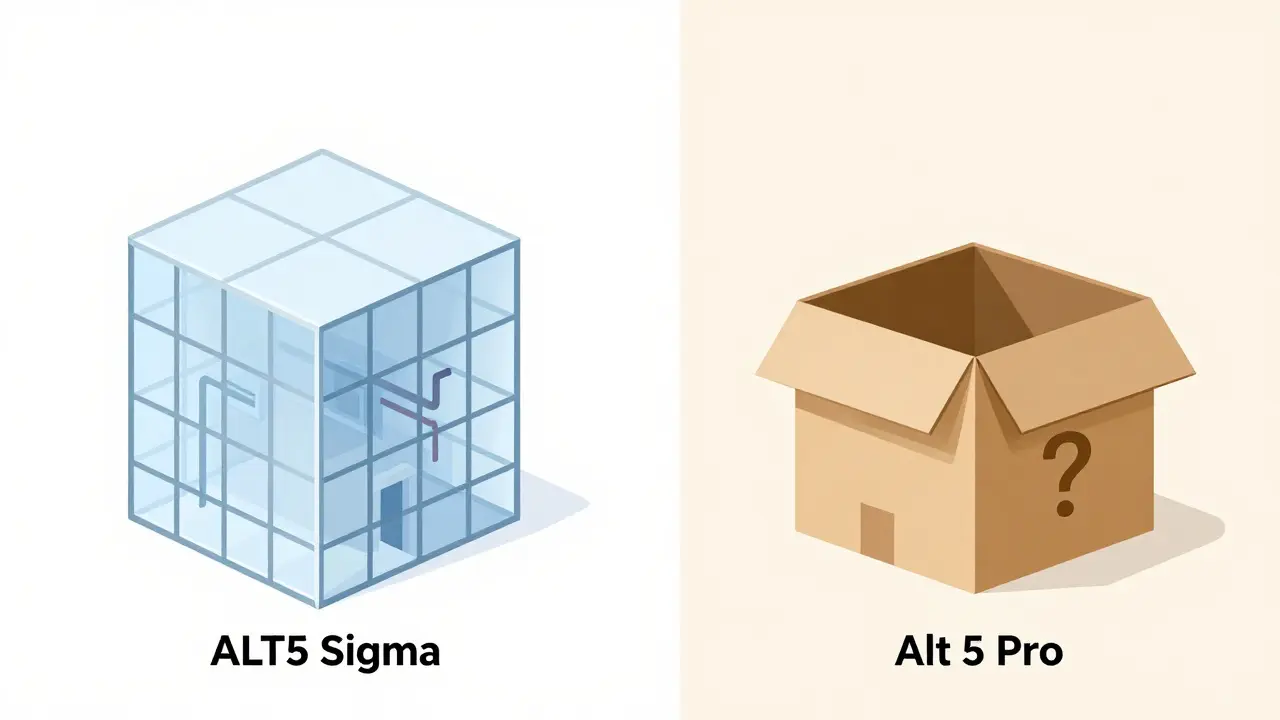 Glass building vs cardboard box illustrating real vs fake crypto companies.