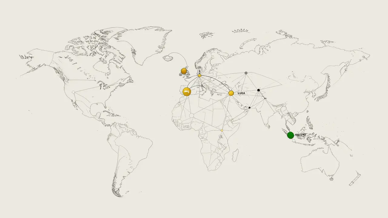 Global network map highlighting key crypto hubs