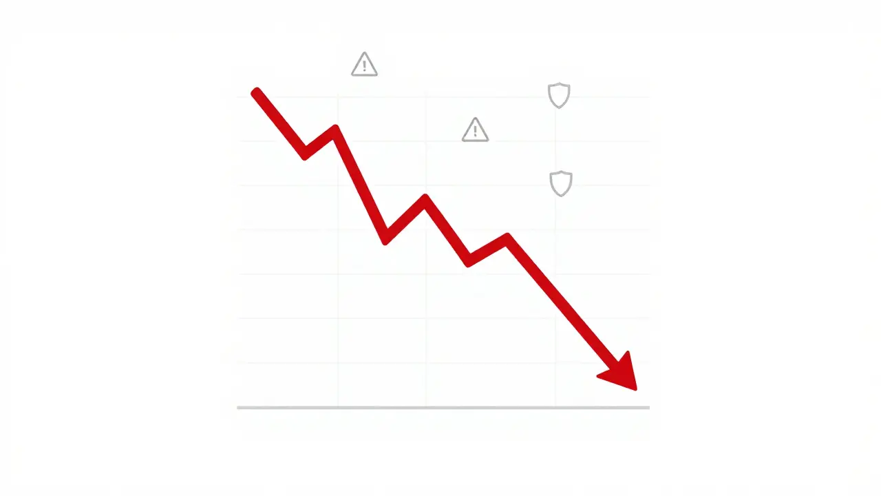 Graph showing crypto price drop with risk warning icons