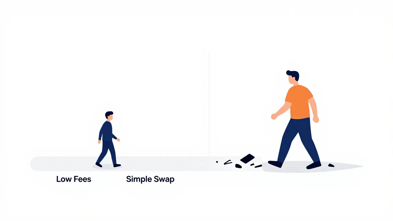 Illustration comparing easy small swaps versus complex large trades on DEX