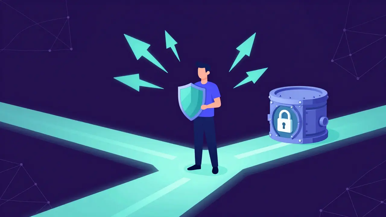 Illustration of an investor using a shield to navigate volatile crypto markets towards secure storage.