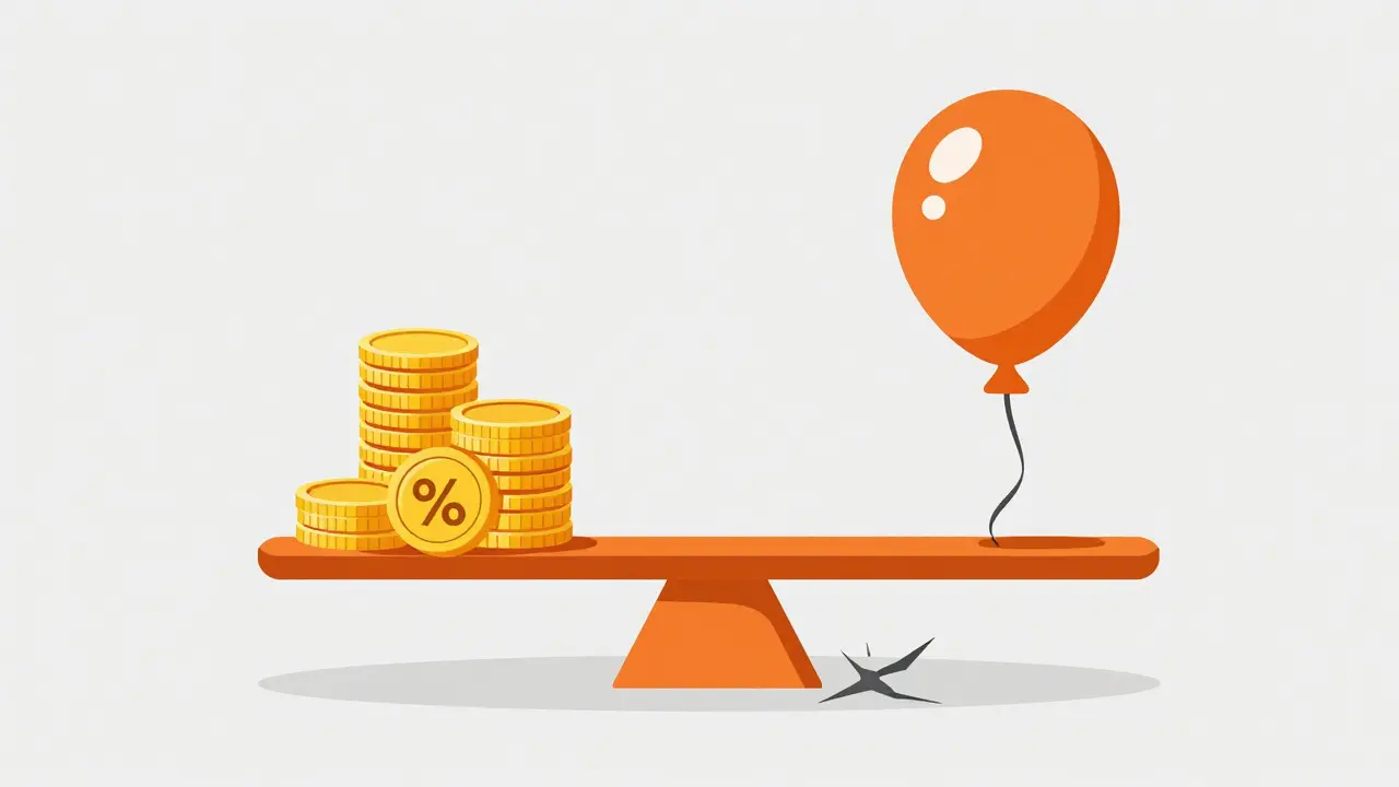 Minimalist graphic of a tipping scale balancing high yields against asset depreciation risks.