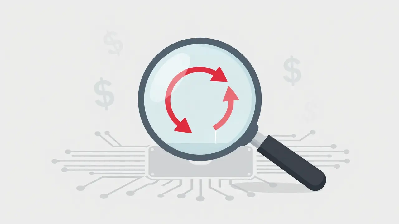 Minimalist graphic showing a flash loan attack loop distorting financial data