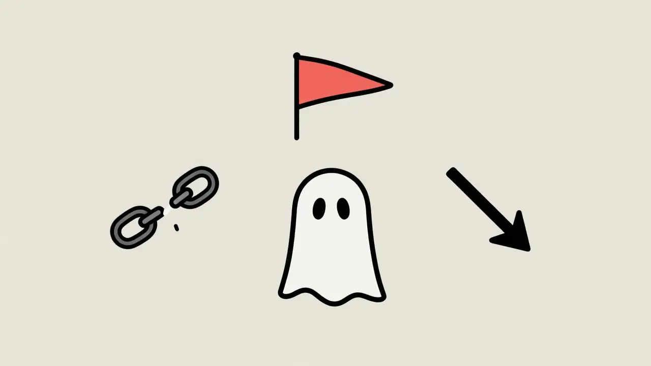 Minimalist icons showing broken chains, ghosts, and down arrows