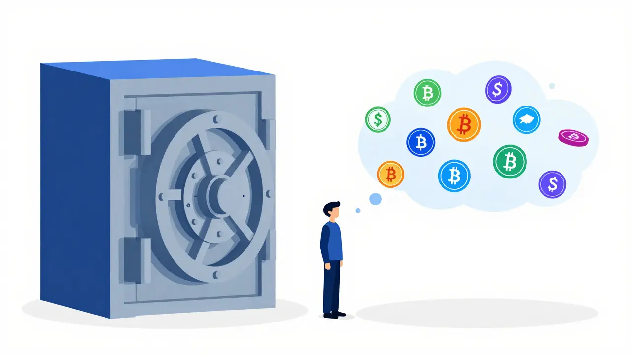 Minimalist illustration contrasting a secure vault for CBDCs with floating crypto tokens for privacy.