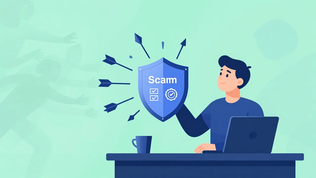 Person holding a protective shield against scam arrows in a safe workspace.