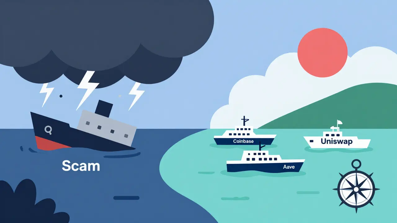 Safe exchanges vs risky scams in minimalist art