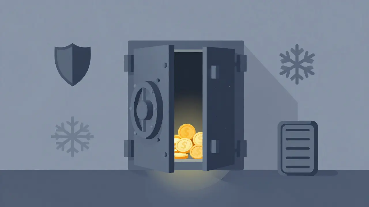 Secure vault with golden coins and regulatory shield icons in flat design