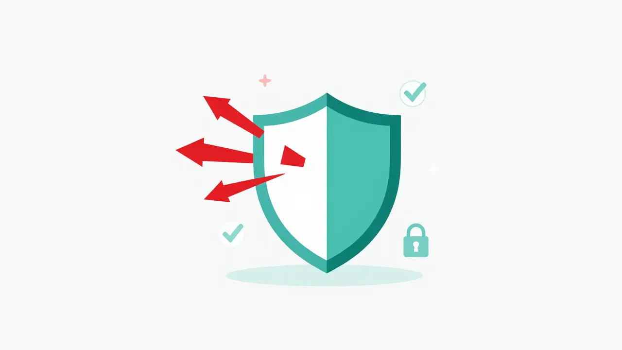 Security shield blocking red threat arrows and locks