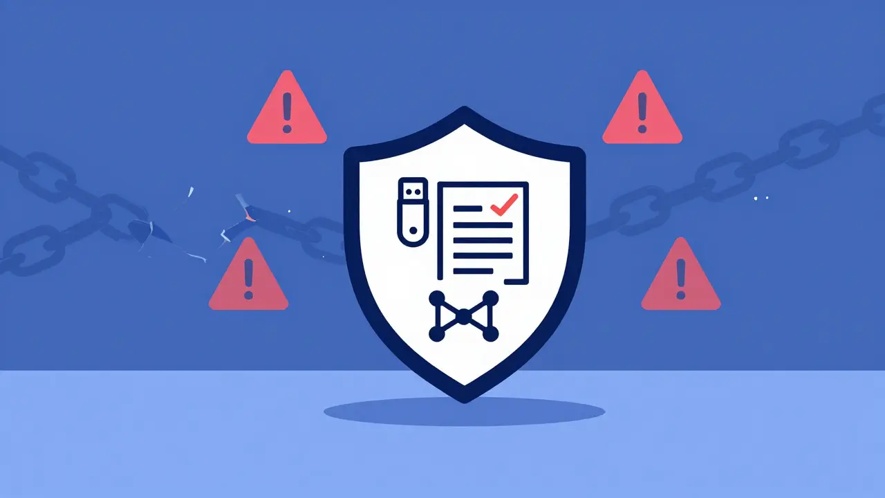 Shield icon layered with hardware wallet and audit symbols protecting assets
