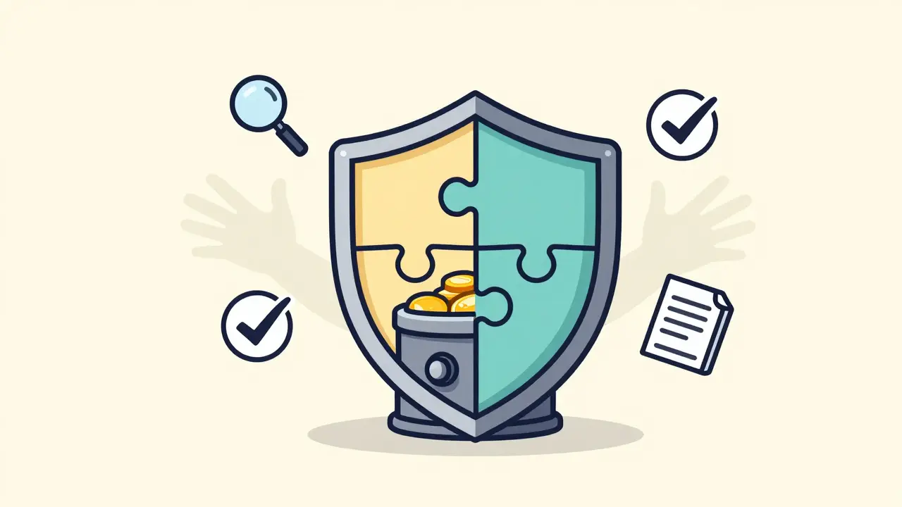 Shield protecting crypto assets from scams through verification and security measures.