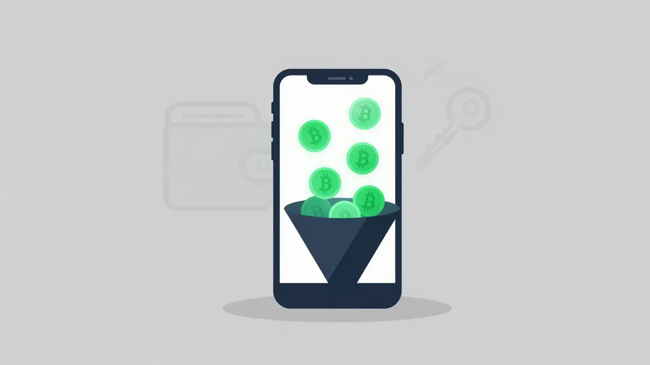 Smartphone losing crypto coins to a dark phishing funnel