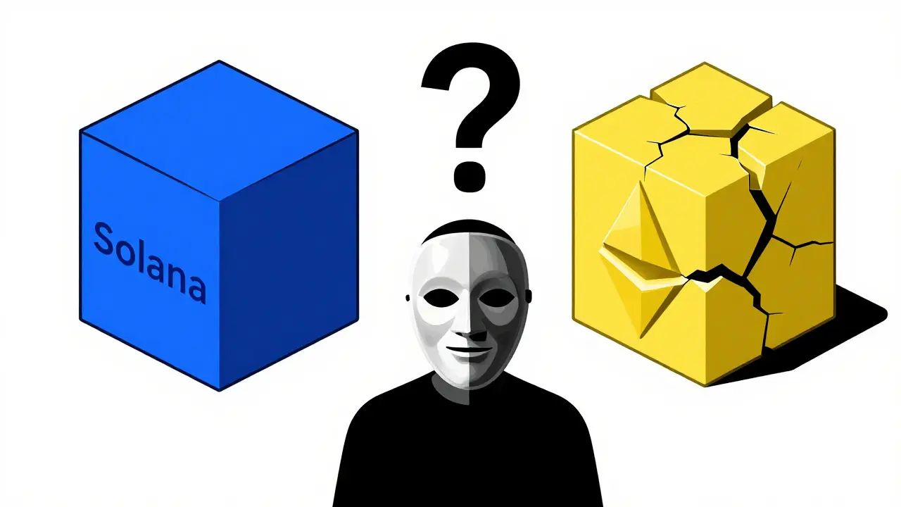 Split blocks showing blockchain conflict and a transparent celebrity mask