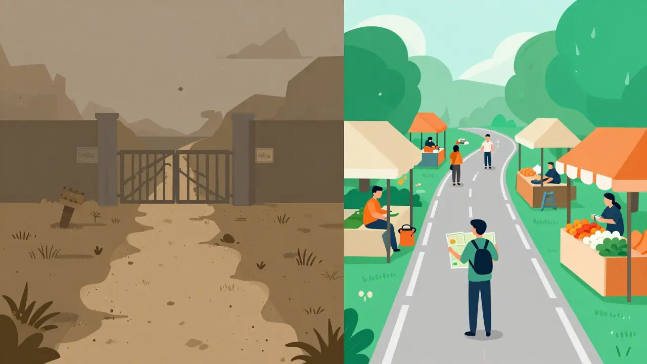Split illustration comparing abandoned vs active crypto exchanges.