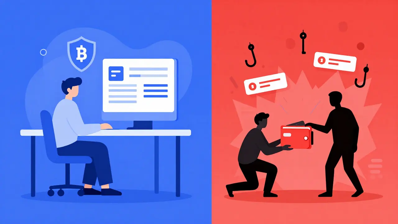 Split illustration comparing secure crypto practices with phishing scam dangers