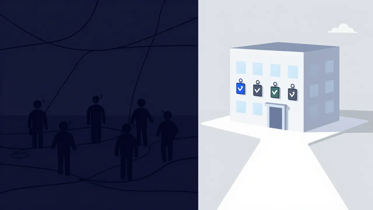 Split illustration contrasting confusing fake crypto projects with verified safe platforms.