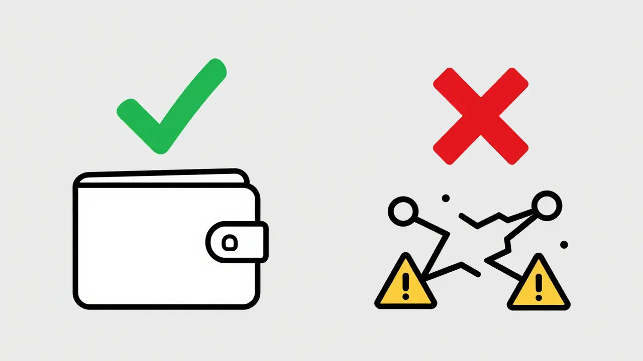 Split illustration showing safe wallet practices versus scam warnings in minimal style.