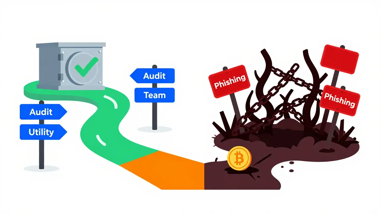 Split path illustration comparing safe vs risky crypto projects
