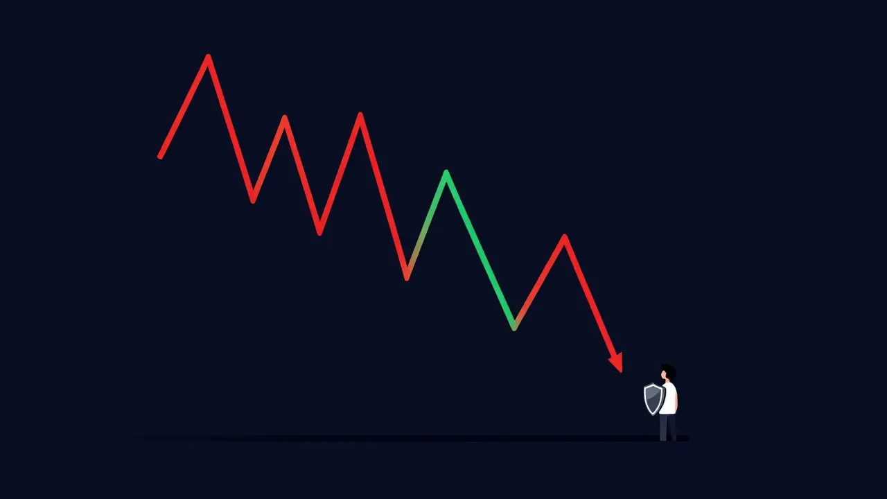 Stylized volatile graph line with a cautious figure holding a shield