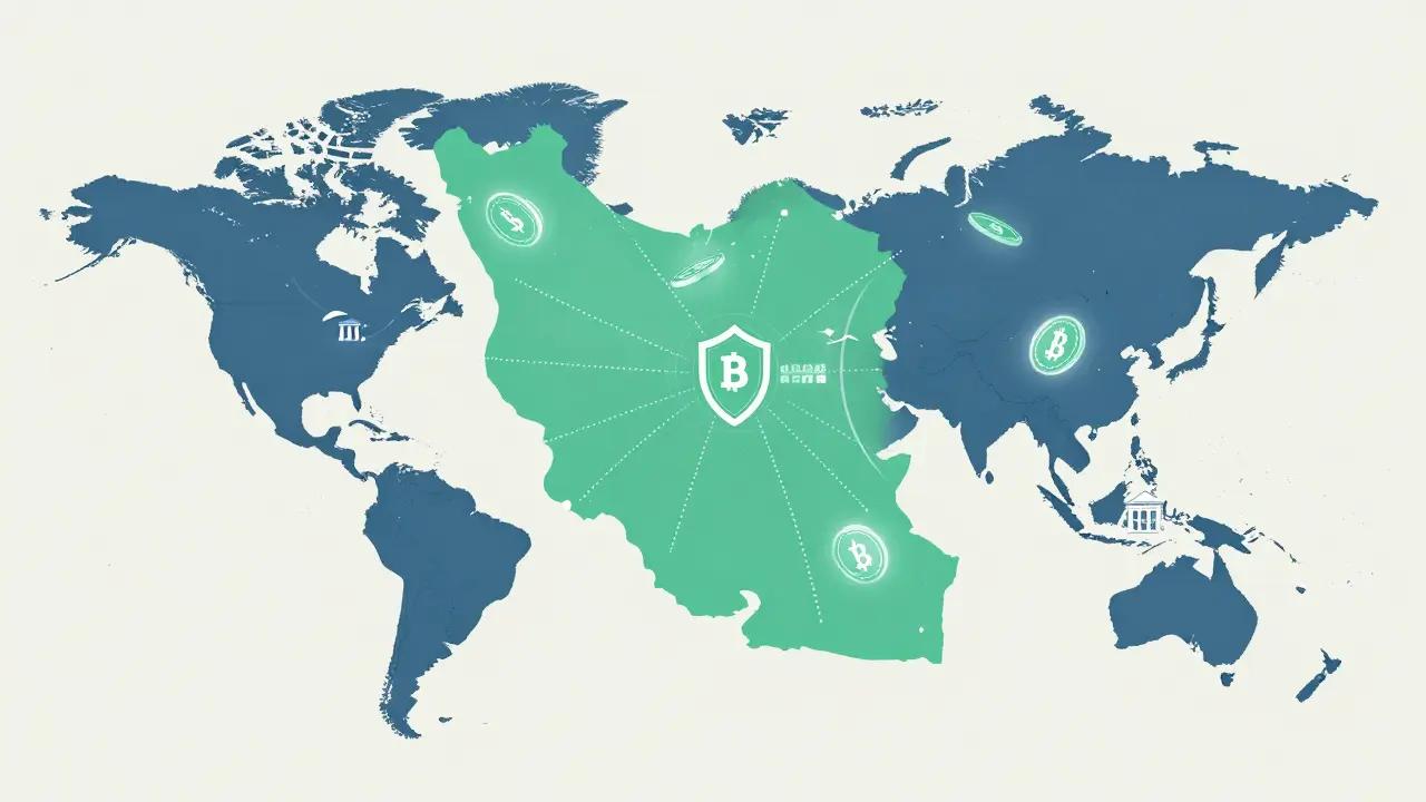 Symbolic map showing crypto flows bypassing sanctions over Iran