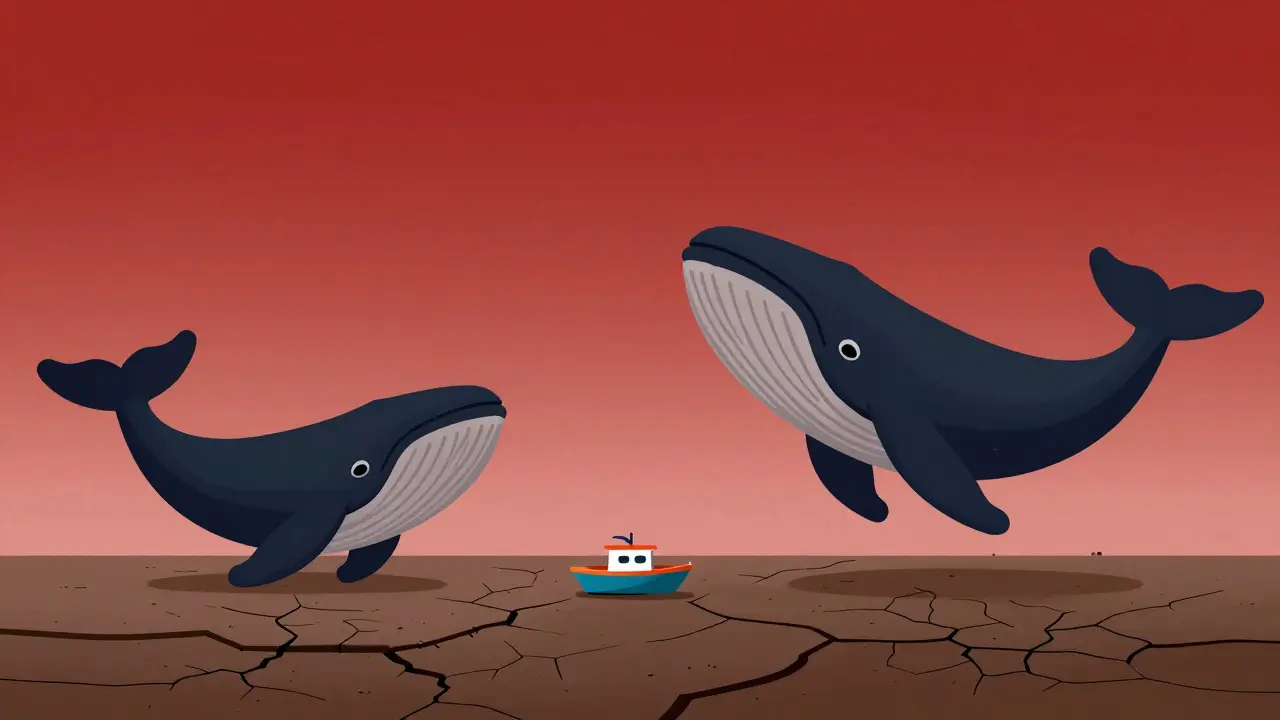 Tiny boat stranded on dry land under looming whale silhouettes