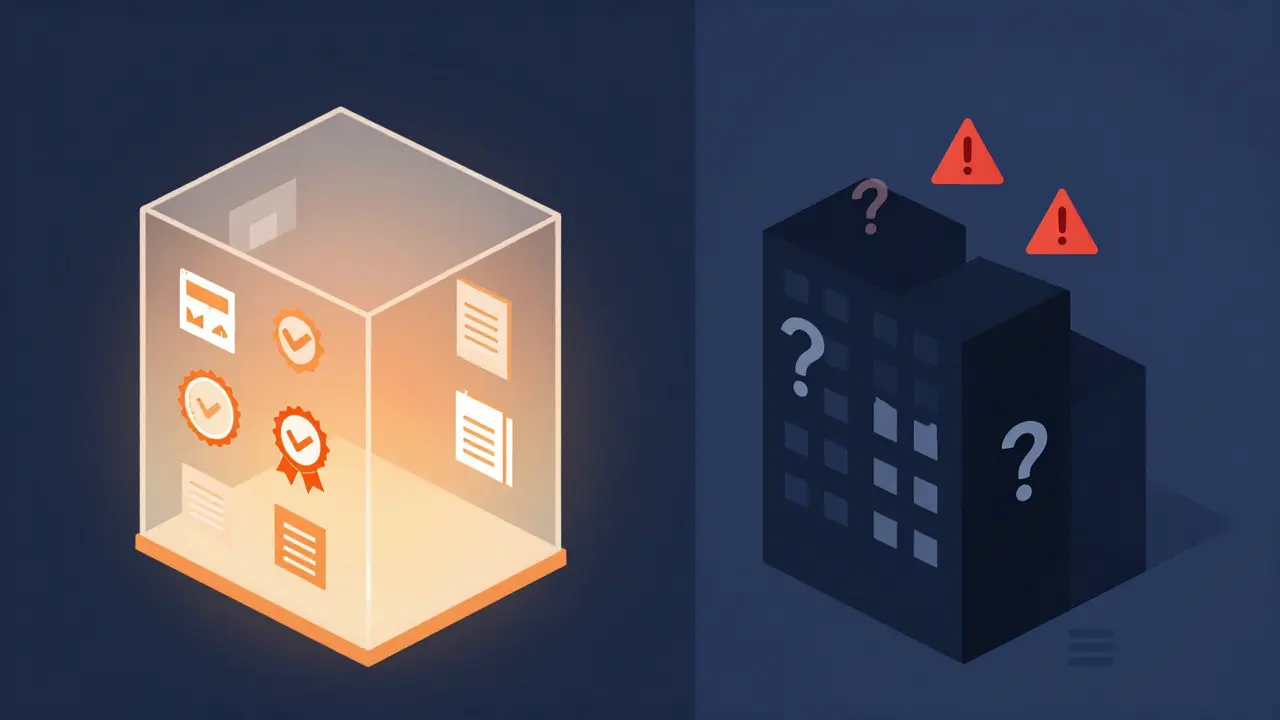Transparent safe building vs dark suspicious structure in minimalist art