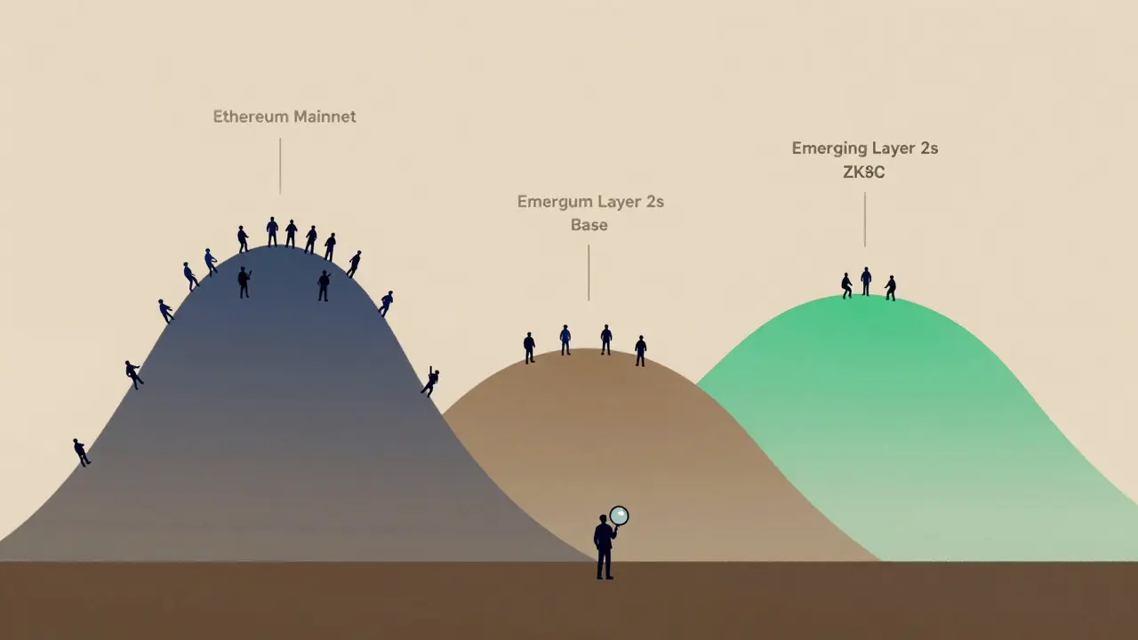 Visual metaphor of choosing emerging blockchain networks over saturated ones