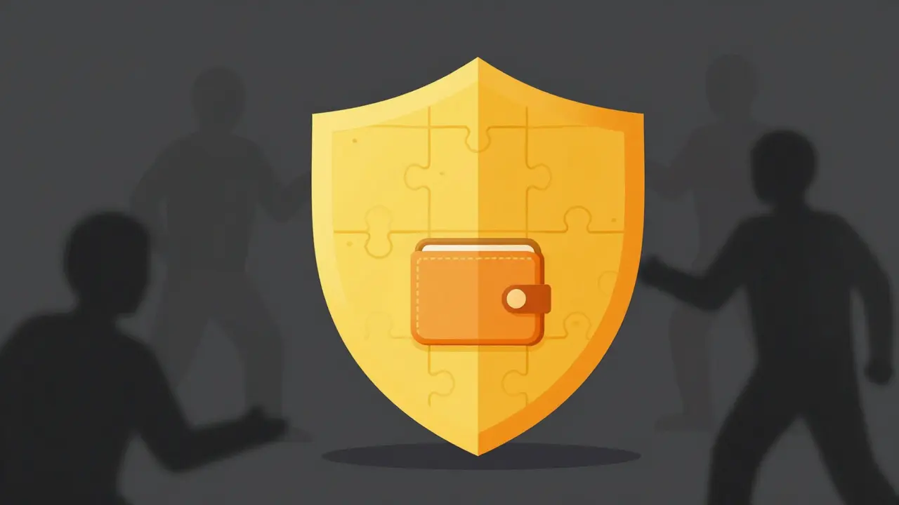 A burner wallet protected by a shield against shadowy scam figures in a minimalist style.