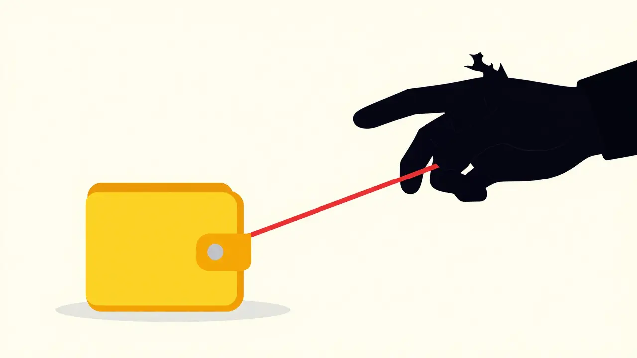 A digital wallet being pulled by a red string toward a dark shadow