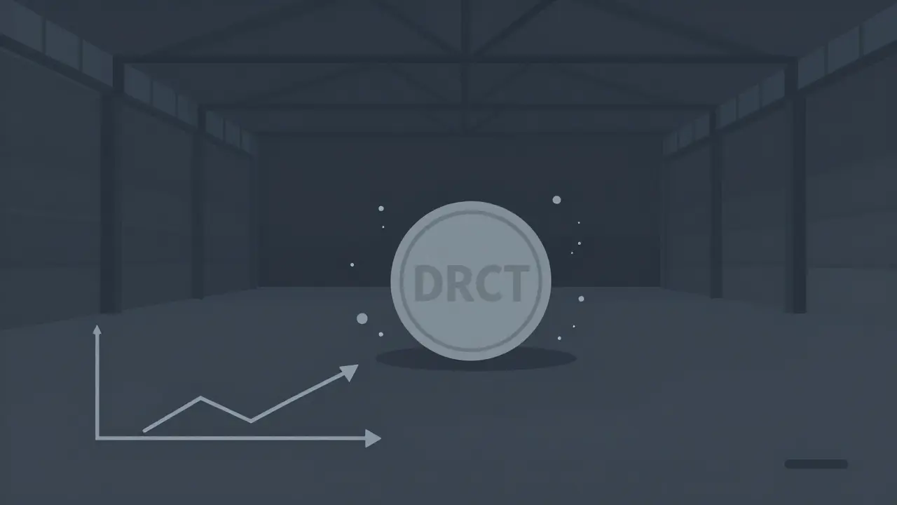 A dull coin sitting alone in an empty, dusty room with a flatlined chart
