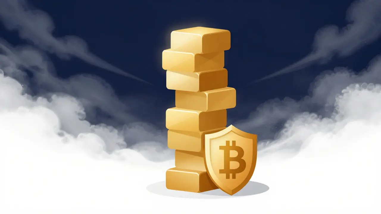 A stable gold pillar standing firm against storm clouds