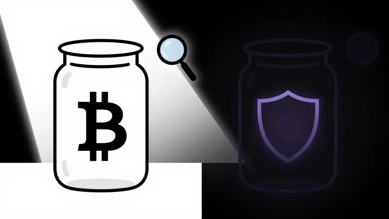 Abstract art comparing transparent Bitcoin to private Monero coins