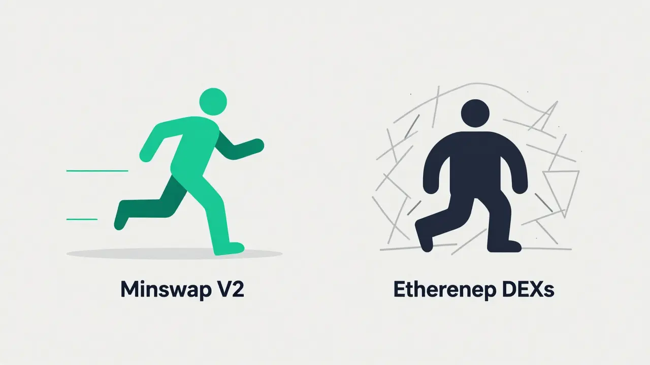 Abstract comparison of fast, low-fee trading vs slow, expensive DeFi alternatives