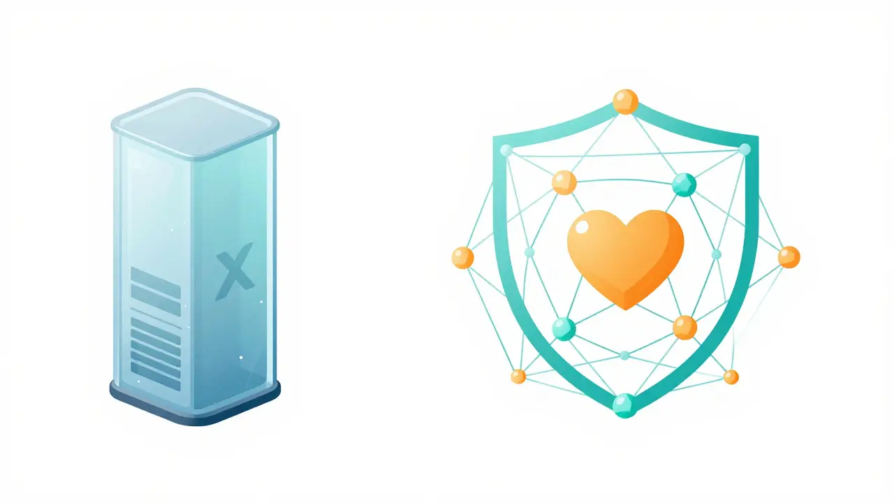 Abstract comparison of fragile central server vs resilient network nodes