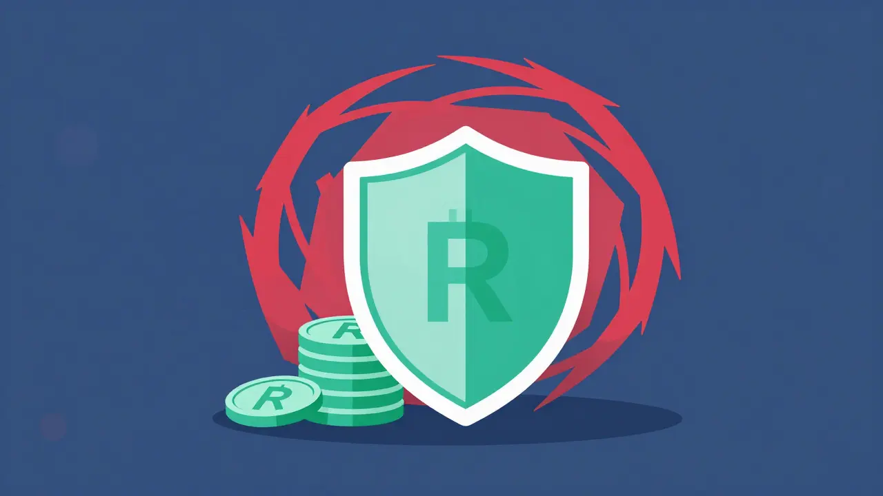 Abstract minimalist art showing a shield protecting crypto tokens from chaos