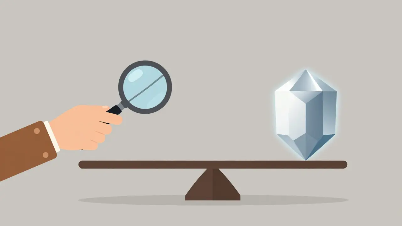 Balanced scale with magnifying glass and geometric shield for security