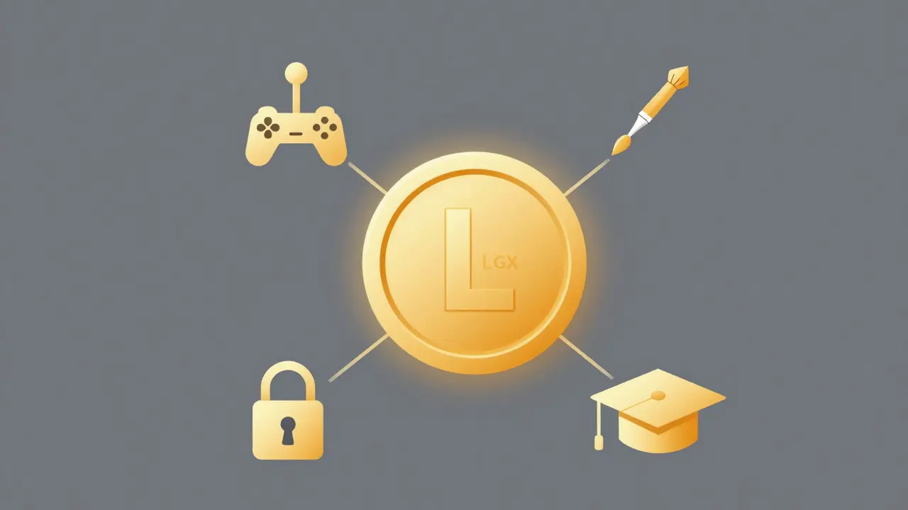 Central LGX token connecting to gaming, NFT, premium, and education icons.