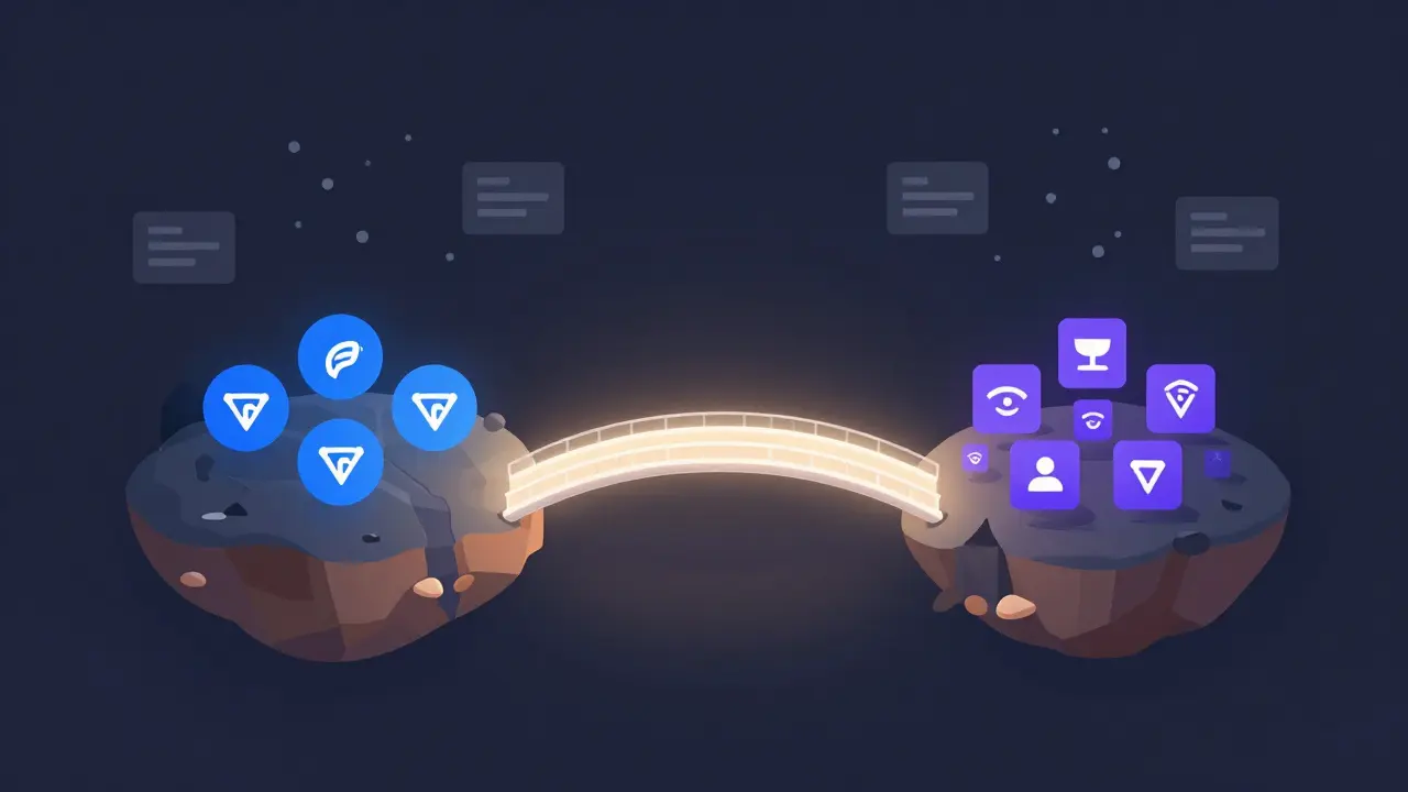 Conceptual art of a digital bridge connecting Cardano to other blockchains