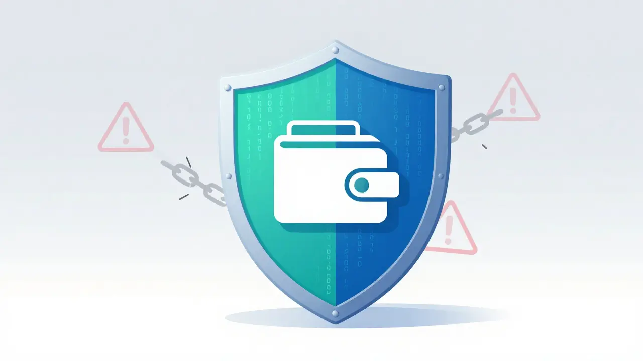 Digital shield protecting a crypto wallet from red warning signs