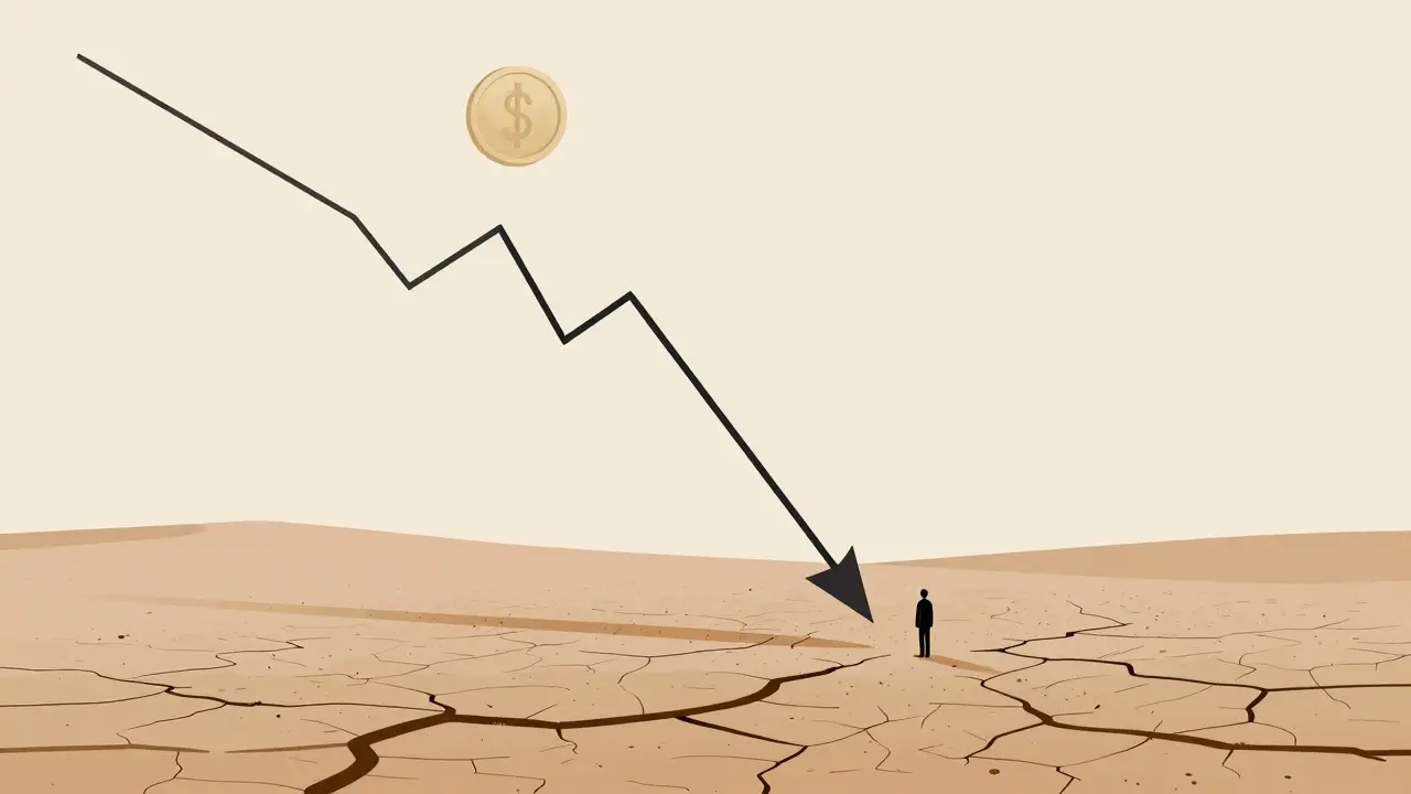 Downward arrow crashing into desert symbolizing price drop