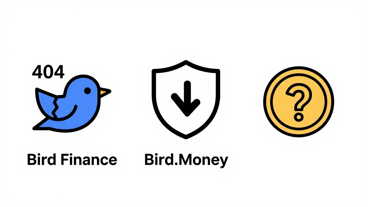 Icons comparing defunct Bird Finance, inactive Bird.Money, and meme tokens