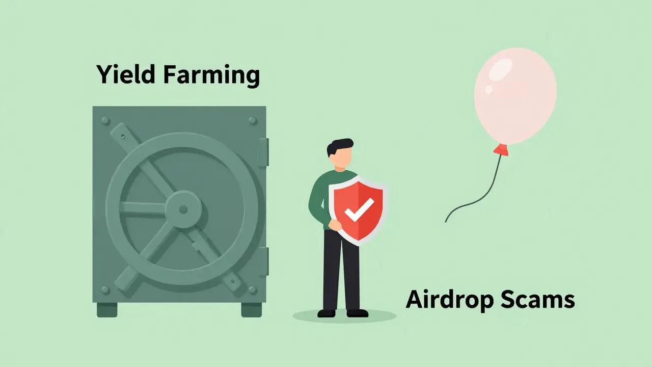 Illustration comparing secure yield farming vault to risky airdrop balloon