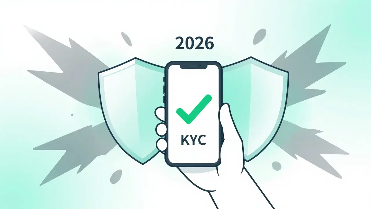Illustration of a user holding a phone with a green checkmark, protected by light shields.