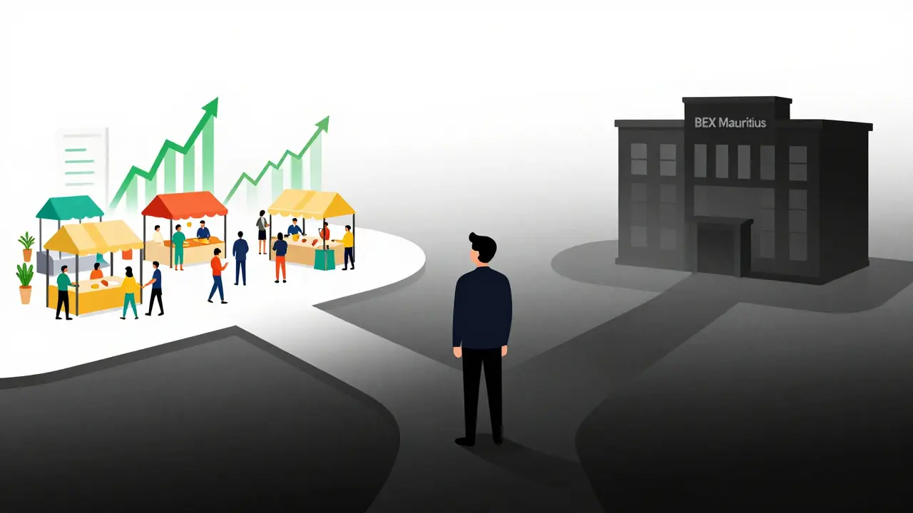 Illustration of an investor choosing between a busy market and a dark dead end