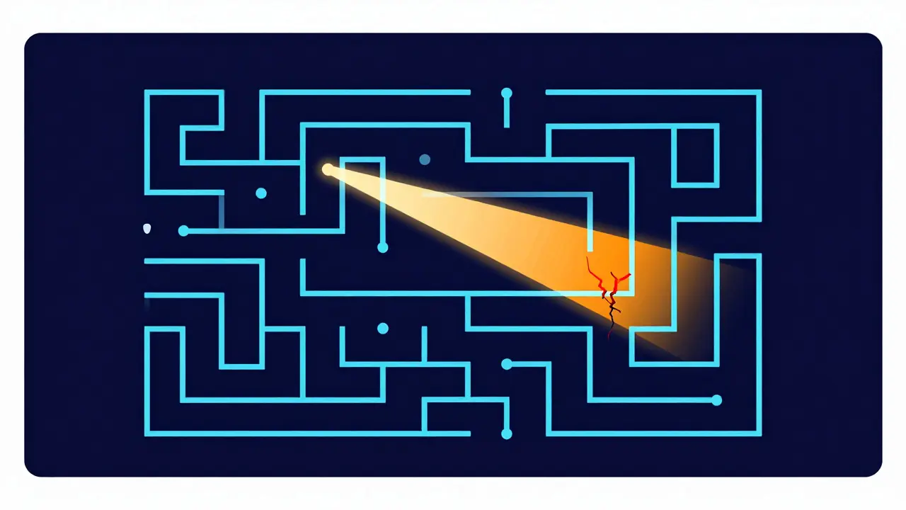 Light beam scanning digital maze to find a hidden code vulnerability
