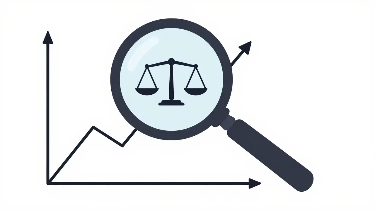 Magnifying glass inspecting a trend line and balance scale