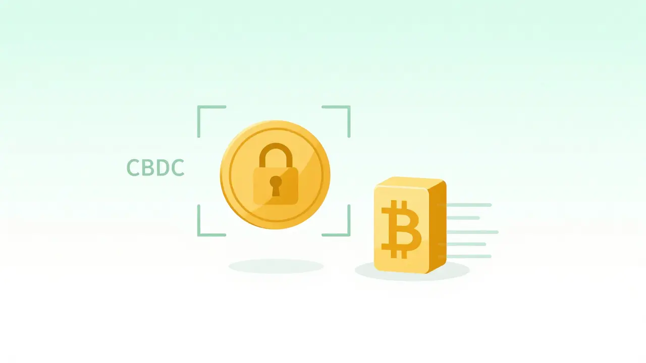 Minimalist art comparing restricted programmable currency with stable digital assets.