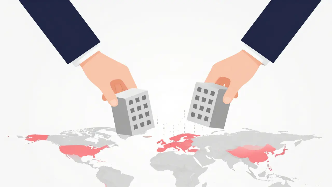 Minimalist art showing regulatory hands pushing exchange blocks off a map of blocked regions.